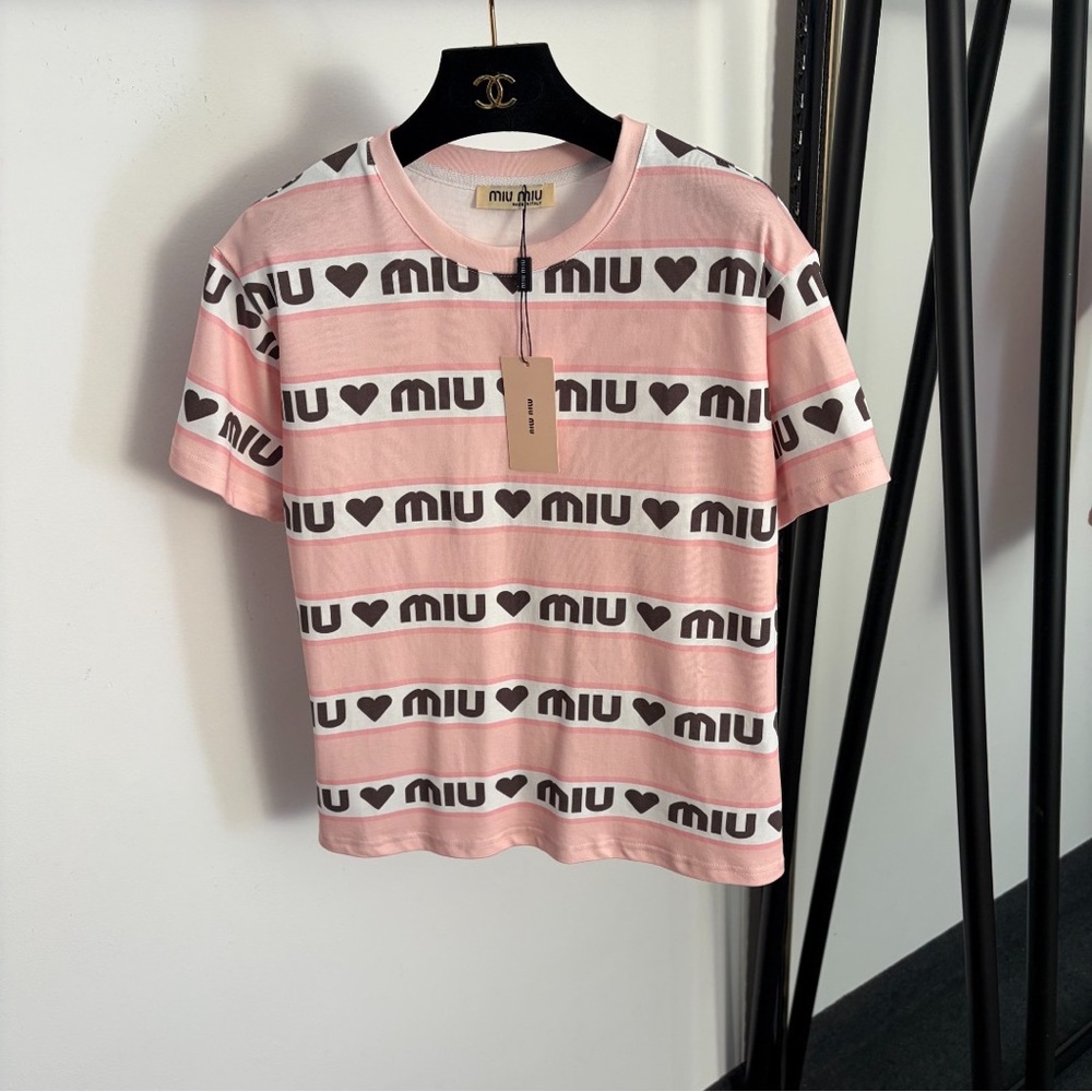 Miu Miu Pink and White Heart Logo Tee